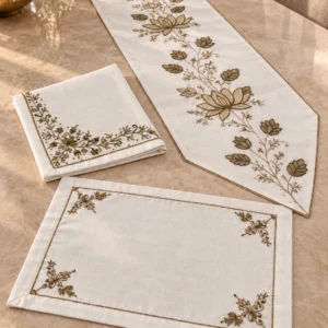 The Gilded Lotus — Ivory & Antique Gold Table Linen Set, 9 Pieces