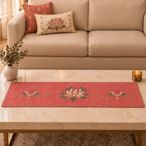 Lotus Reverie — Blush Embroidered Table Runner | 14 × 48 Inches